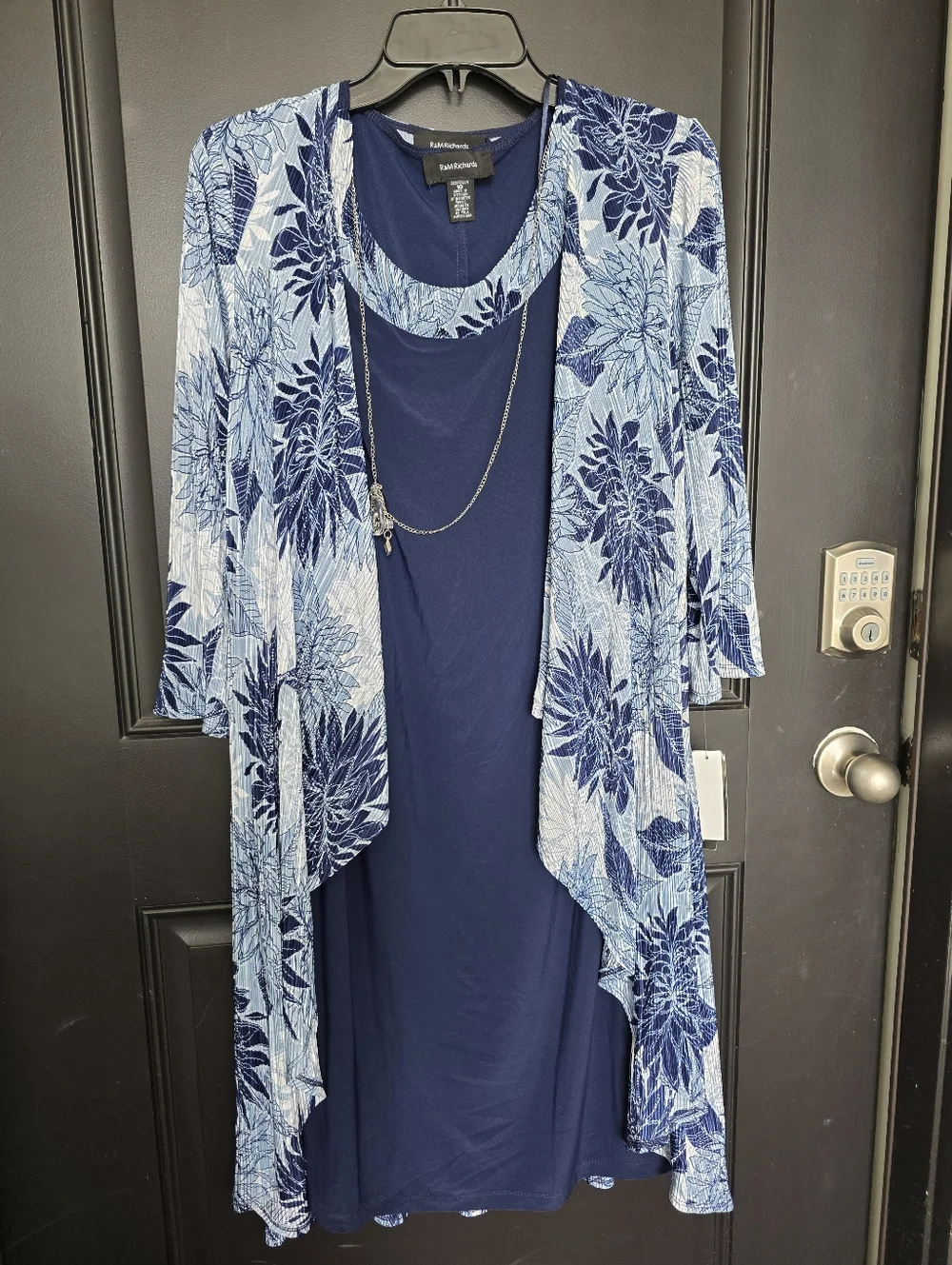 R&M Richards 2PC Dress Set Size 10 Navy Blue Floral Jacket Overlay Necklace NWT - Picture 3 of 10